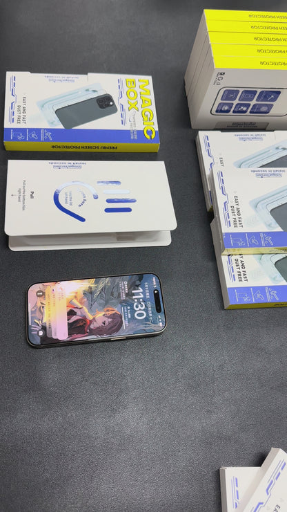 iPhone 17 Pro Max Magic Box 2-i-1 skärmskydd i härdat glas – automatisk dammborttagning, enkel installation, kristallklart skydd